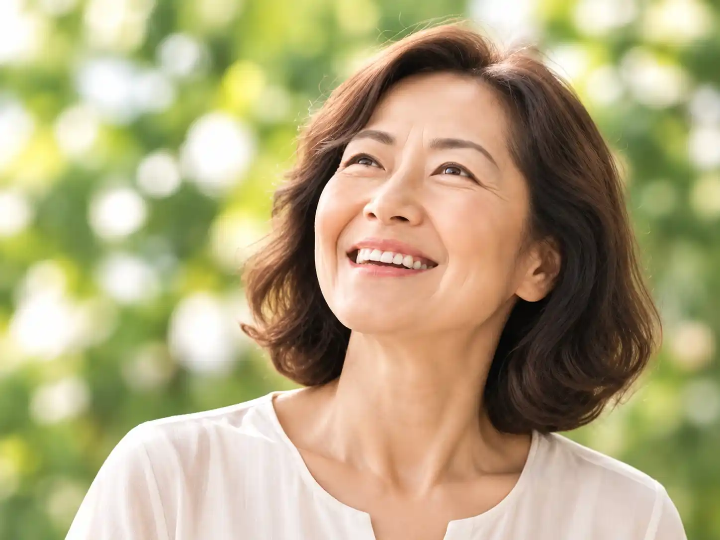 戶外綠意背景面帶笑容的中年女性，靜脈曲張患者故事